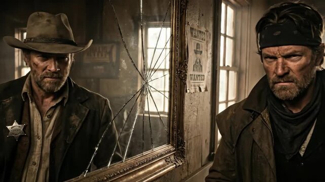 Rugged bearded man in a bandana peers at a broken mirror seeing himself as a sheriff in a cowboy hat, portraying a tense internal battle between law and outlaw in the old west