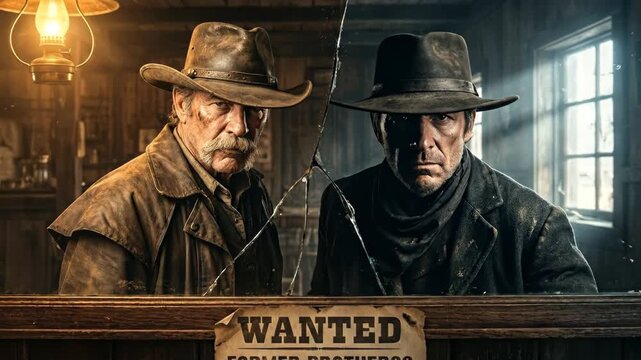 Two rugged cowboys are standing behind a cracked mirror, creating a reflective portrait of outlaws or lawmen with a wanted poster at the bottom emphasizing betrayal and a conflicted past