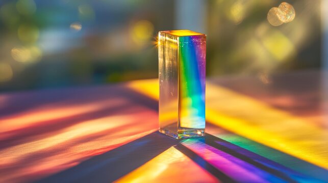 A pristine and scientifically intriguing image of a glass prism under intense light conditions, highlighting its function in optics. The prism's edges gleam as it divides light into a rainbow