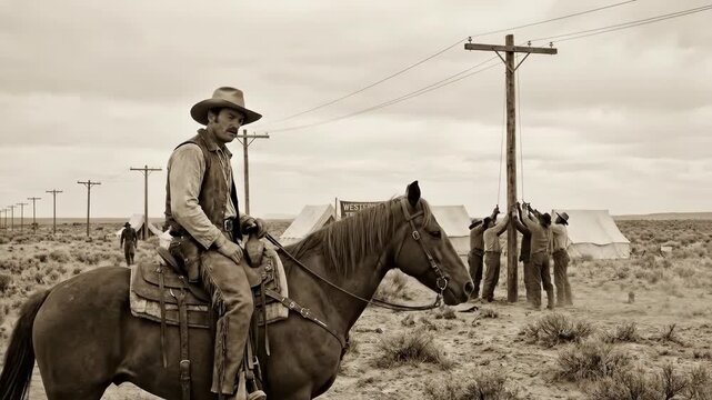 Cowboy on horseback observing a crew of workers erecting a new western union telegraph pole and stringing lines across the expansive, arid old west frontier