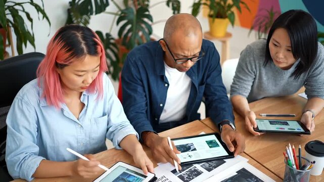 Diverse group of people working with tablets at table, collaboration, teamwork, technology and business concept. Team meeting, indoor, modern office setting.