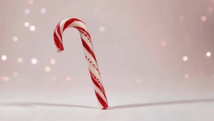 playful 4k stop motion animation where festive candy cane magically appears on pastel pink background with soft glowing lights adding joy holiday spirit and whimsical seasonal