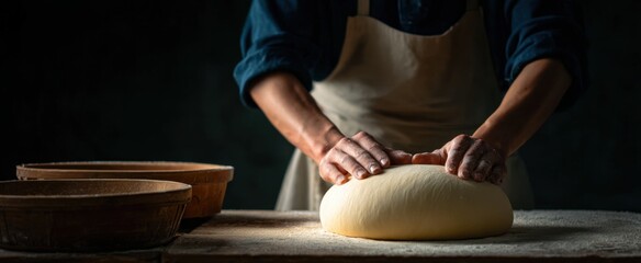 the baker shaping dough into a rounded loaf form