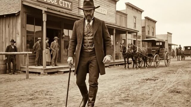 Lawman standing with a cane on a dusty street in a sepia-toned american old west town, with other historical figures and horse-drawn carriages in the background
