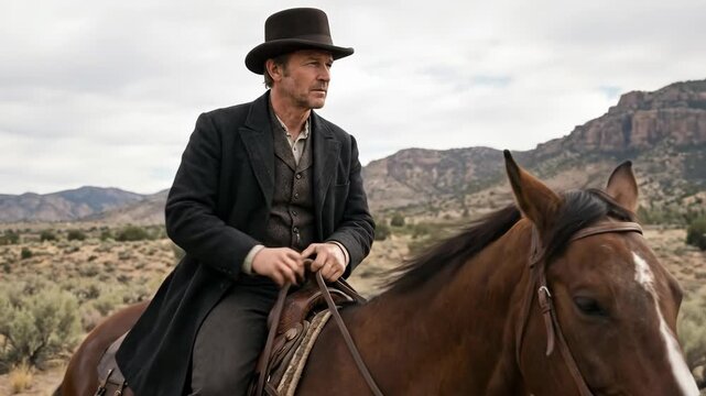 Tim mcgraw portraying james dutton, a traditional cowboy wearing a bowler hat and wool coat, riding his horse on a difficult journey through a vast desert landscape with mountains in the background