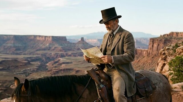 Mature man wearing a top hat and vintage clothing, riding a horse while studying a map against a rugged canyon landscape, symbolizing exploration, adventure, and the spirit of the old wild west