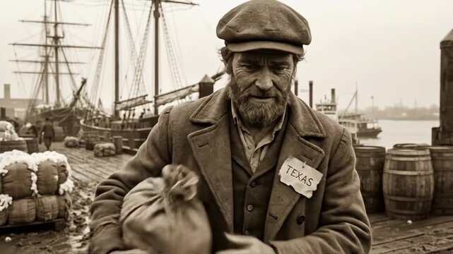 Displaced man with a texas tag holding a small bag of belongings, standing on a bustling vintage industrial dock with sailing ships and steamboats in the background