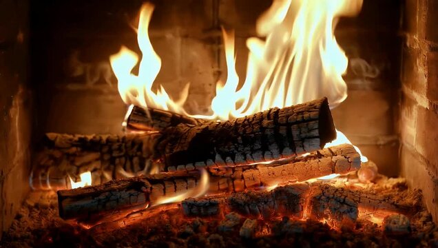 cozy 4k video of warm fireplace featuring glowing wooden logs burning steadily creating relaxing screen saver atmosphere perfect for comfort ambiance and winter