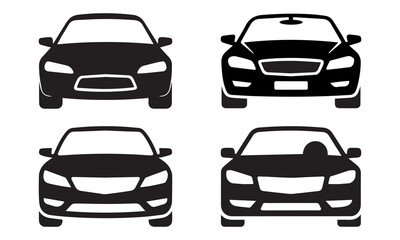 Stylish car front view silhouette icon set in black for automotive branding, transport graphics, apps, and modern design projects