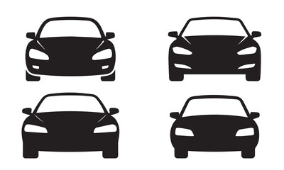 Modern black car front silhouette icon set for automotive branding, transportation graphics, app UI, and minimal design projects worldwide