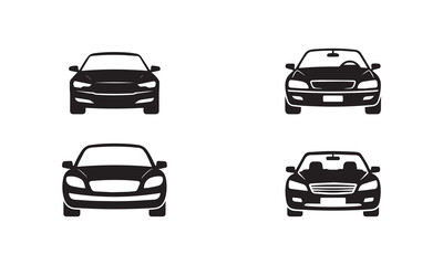 Minimal car front view icons set in black silhouette style for automotive branding, transport design, and modern graphic projects