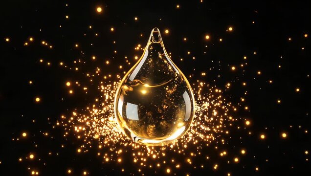 luxury 4K close up commercial shot showcasing single radiant drop of rich golden essence or liquid which dramatically explodes upon impact against pure black background making it highly suitable for
