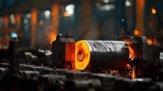 Dynamic medium shot capturing rapid roll forging process with sparks flying as the billet is quickly lengthened under powerful machinery in a bustling factory environment.