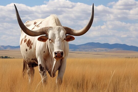 Ankole watusi bull with large horns standing in an african savanna landscape
