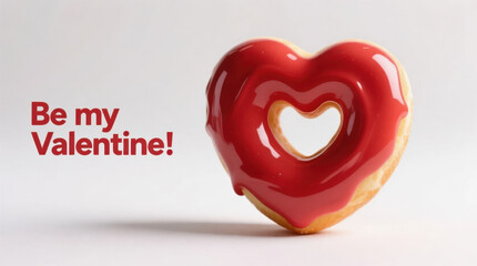 A heart shaped donut with red icing on white background. Text 'Be my Valentine!'
