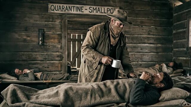 Western man wearing a hat and face covering giving water to a sick patient lying in a bed inside a rustic log cabin designated for smallpox quarantine