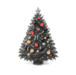 Christmas Tree with Ornaments in Pop Art Halftone Style Illustration
