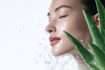 Woman with fresh skin and aloe vera water splash