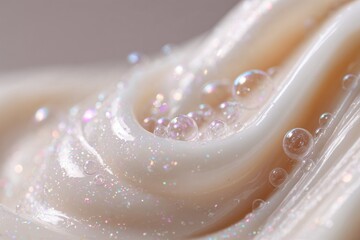 Abstract cosmetic cream texture with bubbles and glitter