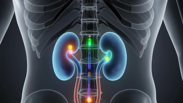 Human Kidney Anatomy and Function Animated Medical Illustration showing blood flow and filtration process in transparent male body