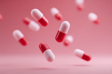 Red and white medical capsules floating on pink background