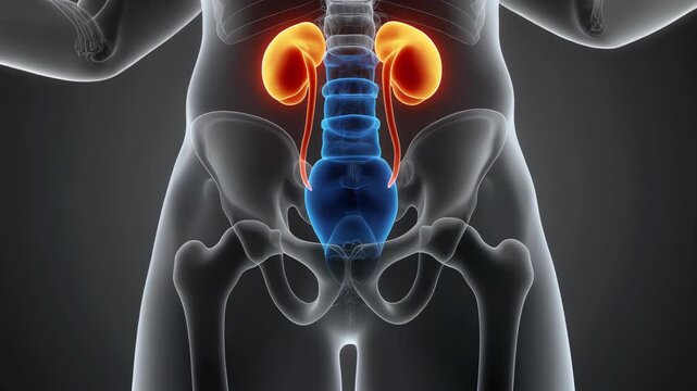 Human Urinary System with Kidneys and Bladder Showing Cancerous Tumors Growing Inside Illustrating Disease and Medical Diagnosis