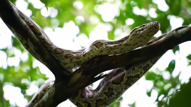Reticulated Python slithering on branch, Snake wildlife in lush green jungle. Tropical reptile climbing on tree, nature predator