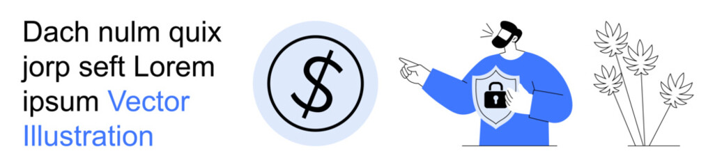 Obraz premium Financial security, online privacy, data protection, cyber safety, digital identity, secure information. Person wearing shield with lock, dollar symbol minimal background elements. Financial