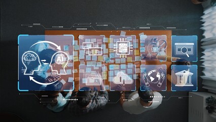 A modern workspace featuring a digital interface that highlights artificial intelligence concepts, showcasing teamwork and innovative brainstorming in a collaborative setting. Raster