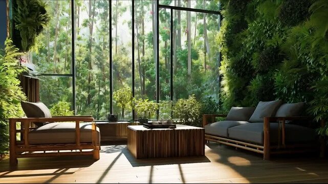 Modern Biophilic Living Room Interior with Bamboo Furniture, Vertical Garden and Forest View