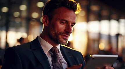 Focused businessman in a modern office setting reviews data on his tablet demonstrating concentration and professional success while illuminated by warm ambient light