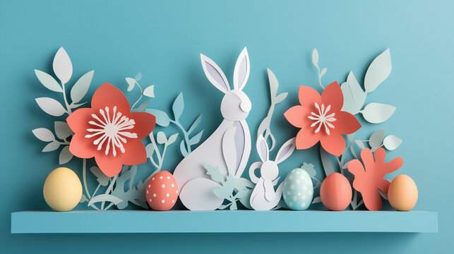 Playful paper rabbits and eggs arranged among stylized spring flowers on shelf. - Powered by Adobe