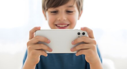 Caucasian kid boy with cute smile playing video game on smartphone. Online mobile entertainment for a child, video call