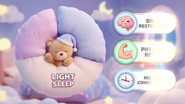 Cute teddy bear infographic showing sleep stages&mdash;light, deep, and rem&mdash;with icons for brain restoration, physical repair, and memory consolidation for healthy sleep awareness