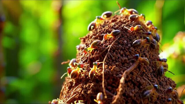 Close-up of many termites on a brown mound in nature with green background.