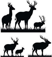 Naklejka premium Deer silhouettes in grassy landscape with various antler styles