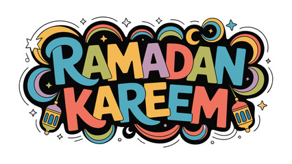 Fototapeta premium Ramadan Kareem: Vibrant Calligraphy Design: Colorful and festive calligraphy of Ramadan Kareem with ornate design celebrating Islamic holy month.