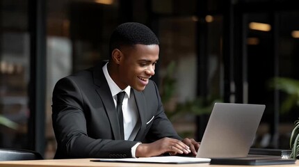 Focused young professional man in a sharp suit works diligently on his laptop at a modern desk showcasing productivity and success in a contemporary office setting
