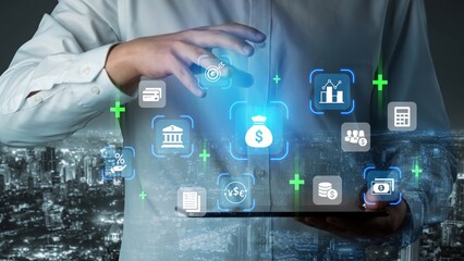 Businessman with holographic interface showcasing financial icons, investment growth, money management, and data analysis against a city skyline background Gluon.
