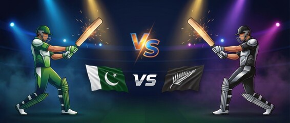 pakistan vs new zealand competitive cricket match poster template featuring two rival batters facing off with raised bats