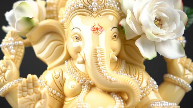 Close-up of Ganesha statue, adorned with pearls and flowers, symbol of Hinduism, culture, religion, and tradition. Religious art