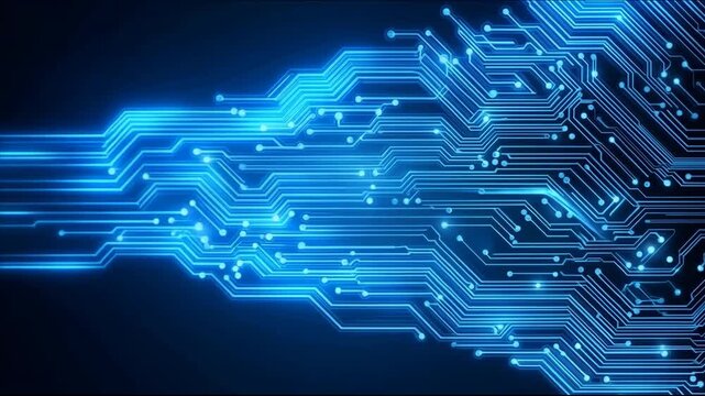 Abstract blue glowing digital circuit board lines and data flow technology background