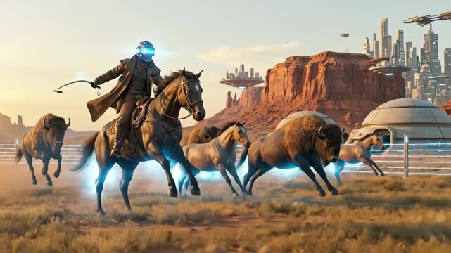 Cybernetic cowboy riding a horse and cracking a whip, herding bison and wild horses across a futuristic desert landscape with red rock formations and a floating city under a clear sky