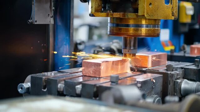 Cold copper billets being precisely cut by a hydraulic press in a clean manufacturing facility.