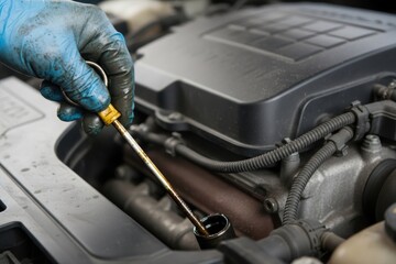 A mechanic in blue gloves inspects the oil dipstick in a car engine. The scene takes place in a well-lit garage, showcasing vehicle maintenance