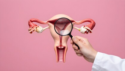 Women health check concept. doctor is holding a magnifying glass with uterus symbol to Medical check uterus female reproductive system, PCOS, ovary gynecologic and cervical cancer 