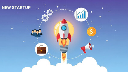 New startup business concept with rocket launching into the sky with people, briefcase, megaphone, dollar coin and graph icons around it