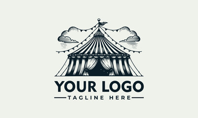 A vector illustration of a circus tent with a customizable logo and tagline on a plain background, featuring a string of lights and clouds. © nuaari