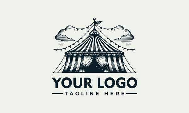 A vector illustration of a circus tent with a customizable logo and tagline on a plain background, featuring a string of lights and clouds.