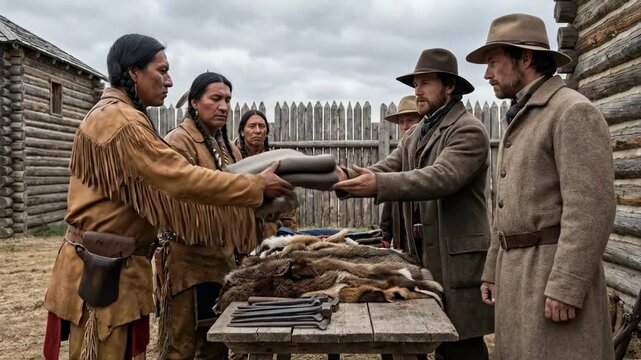 Native american men and settlers engaging in a fur trade, exchanging animal pelts for blankets and other items at a wooden fort's trading post, depicting historical cooperation and frontier commerce